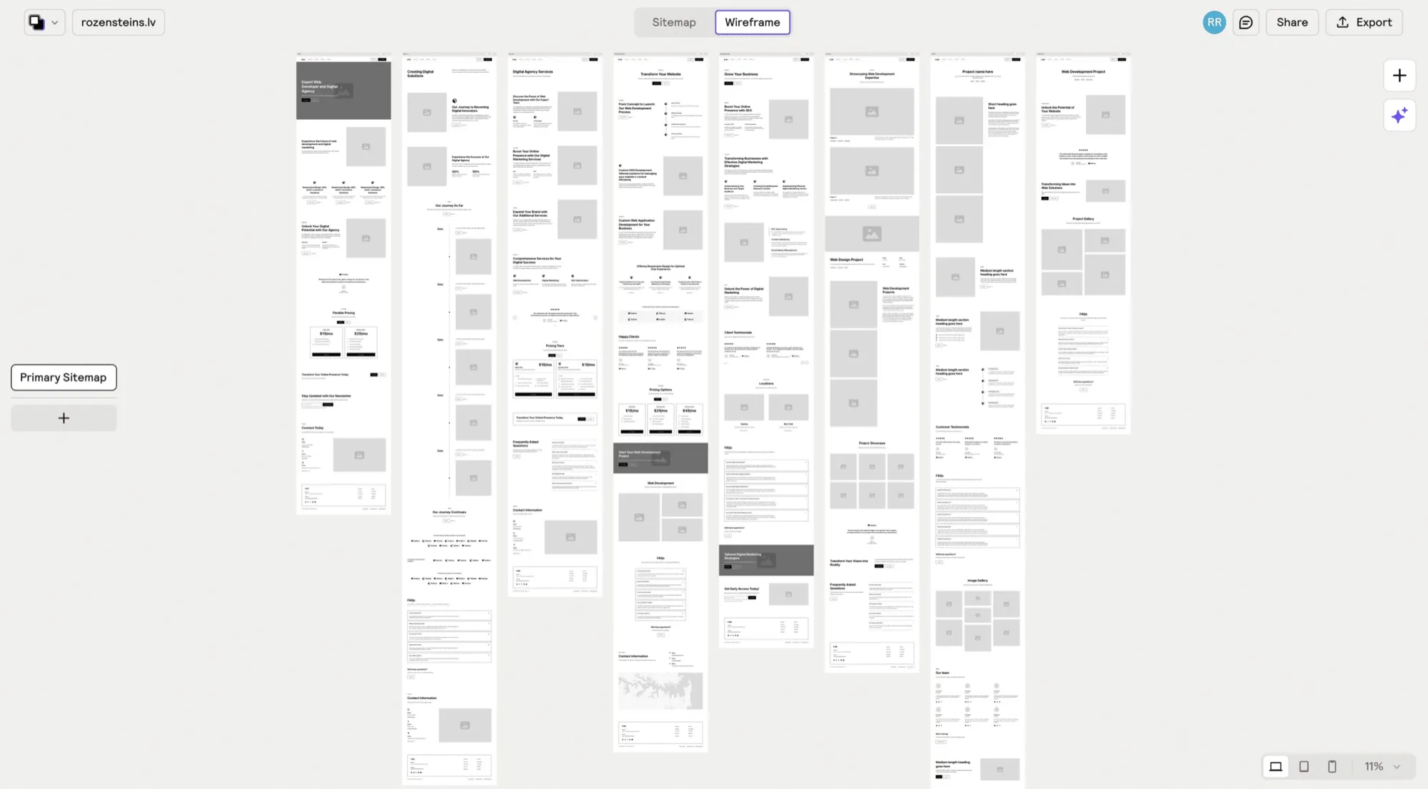 rozensteins tīmekļa vietnes wireframe