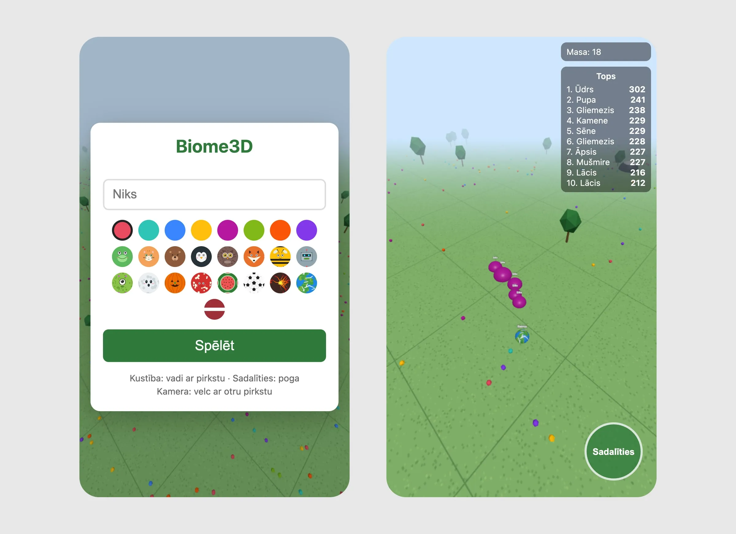 Biome3D mobilajā pārlūkā: sākuma ekrāns un spēle