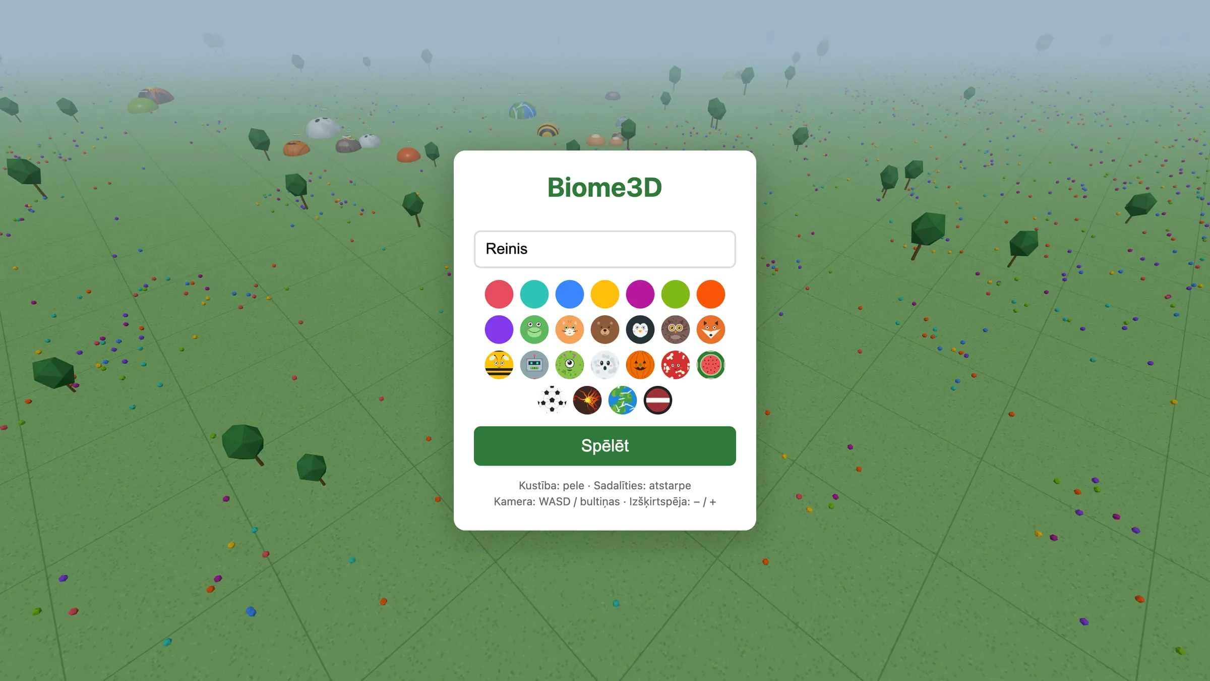 Biome3D sākuma ekrāns ar nika ievadi un tēlu izvēli