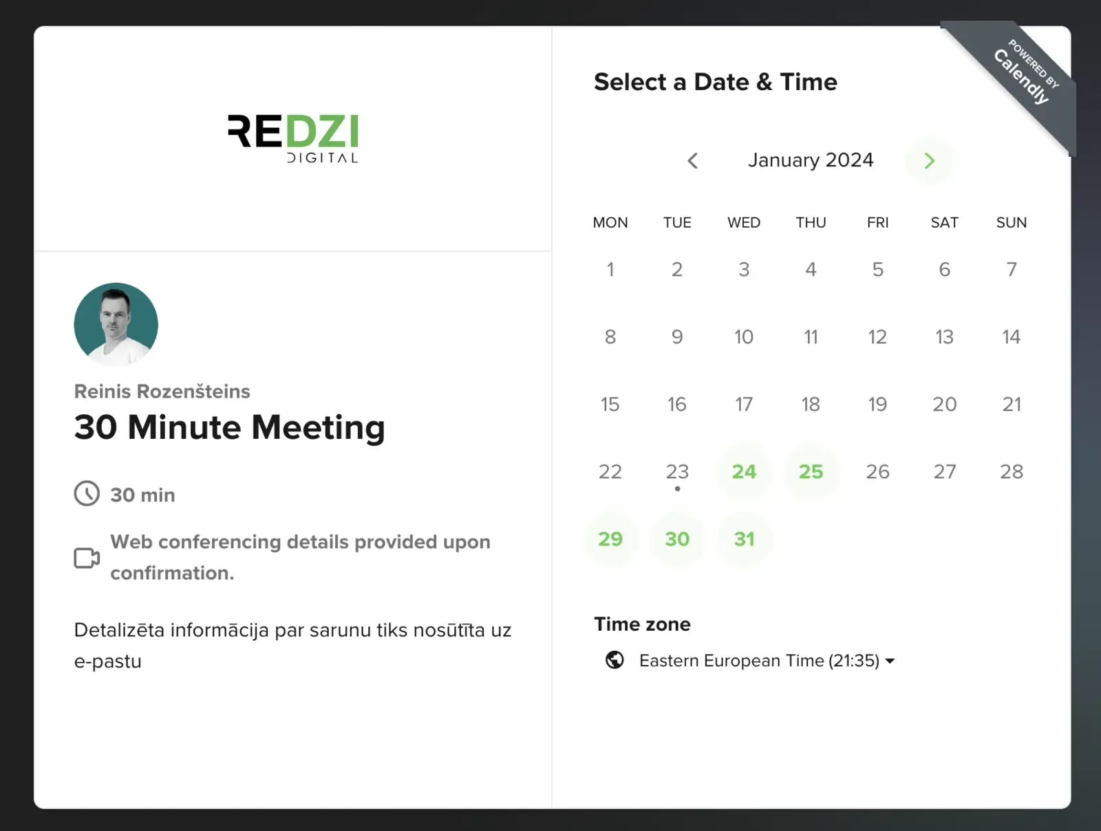 Calendly pieteikuma kalendāra skats