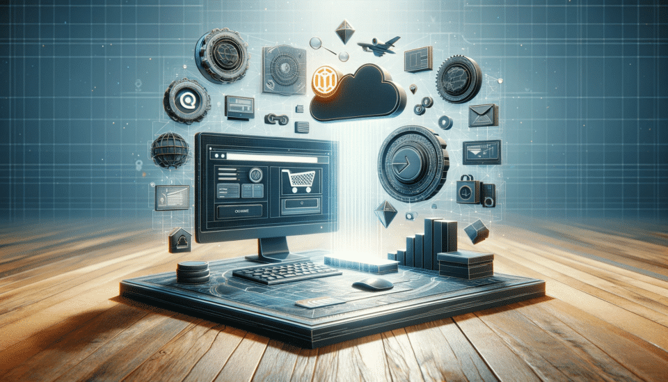 An image depicting the concept of Magento e-commerce platform development for an online store. The design should evoke a sense of simplicity and effic